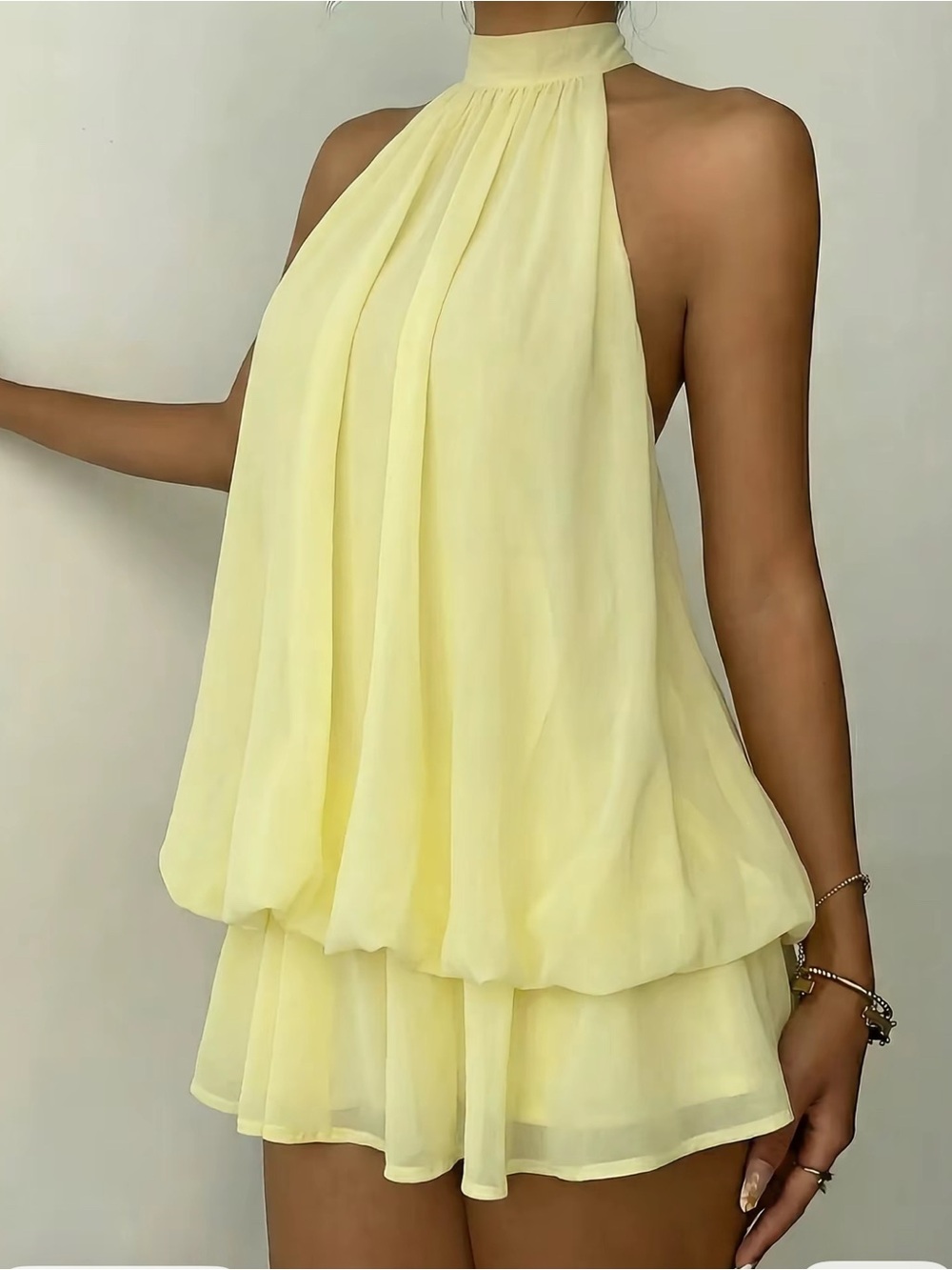 Light Yellow Halter Mini Dress - Sleeveless Layered Chiffon
